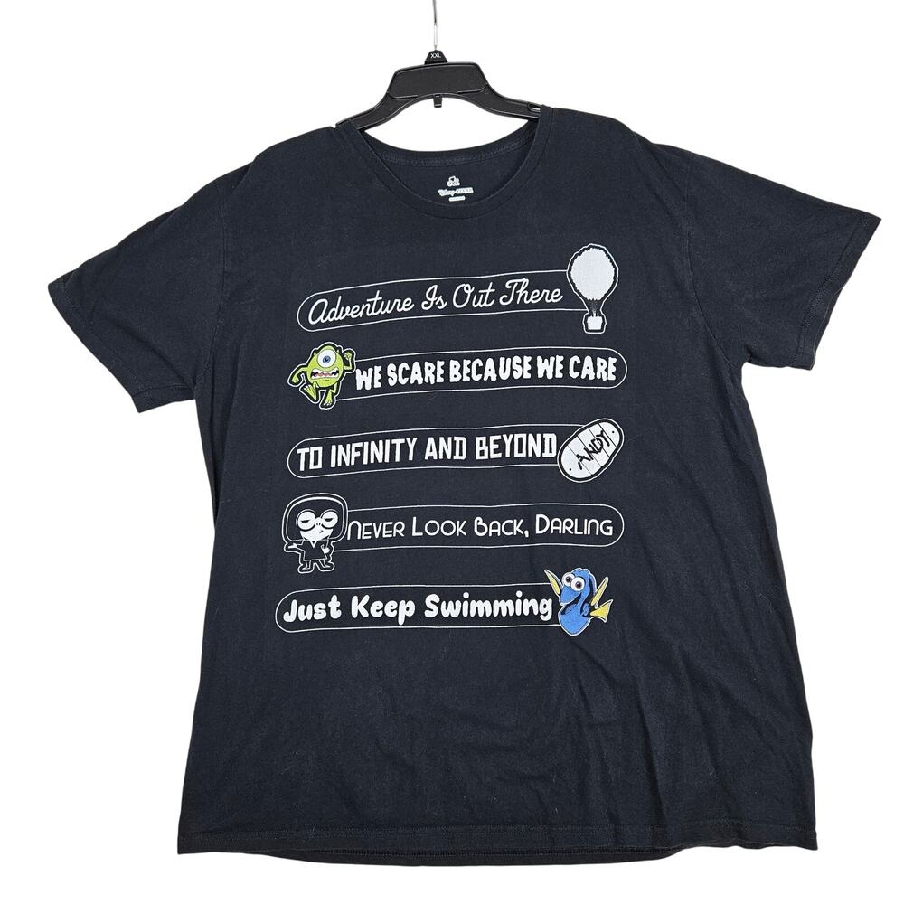 Disney Pixar Men XL Black/Char Gray Graphic Tee Multi-Film Movie Quote Nostalgia